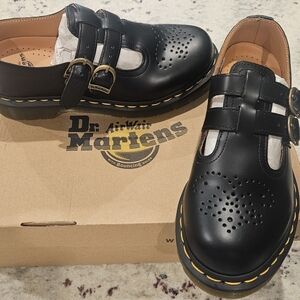 Dr. Martens Black Women's Mary Jane Shoes with Yellow Stitching